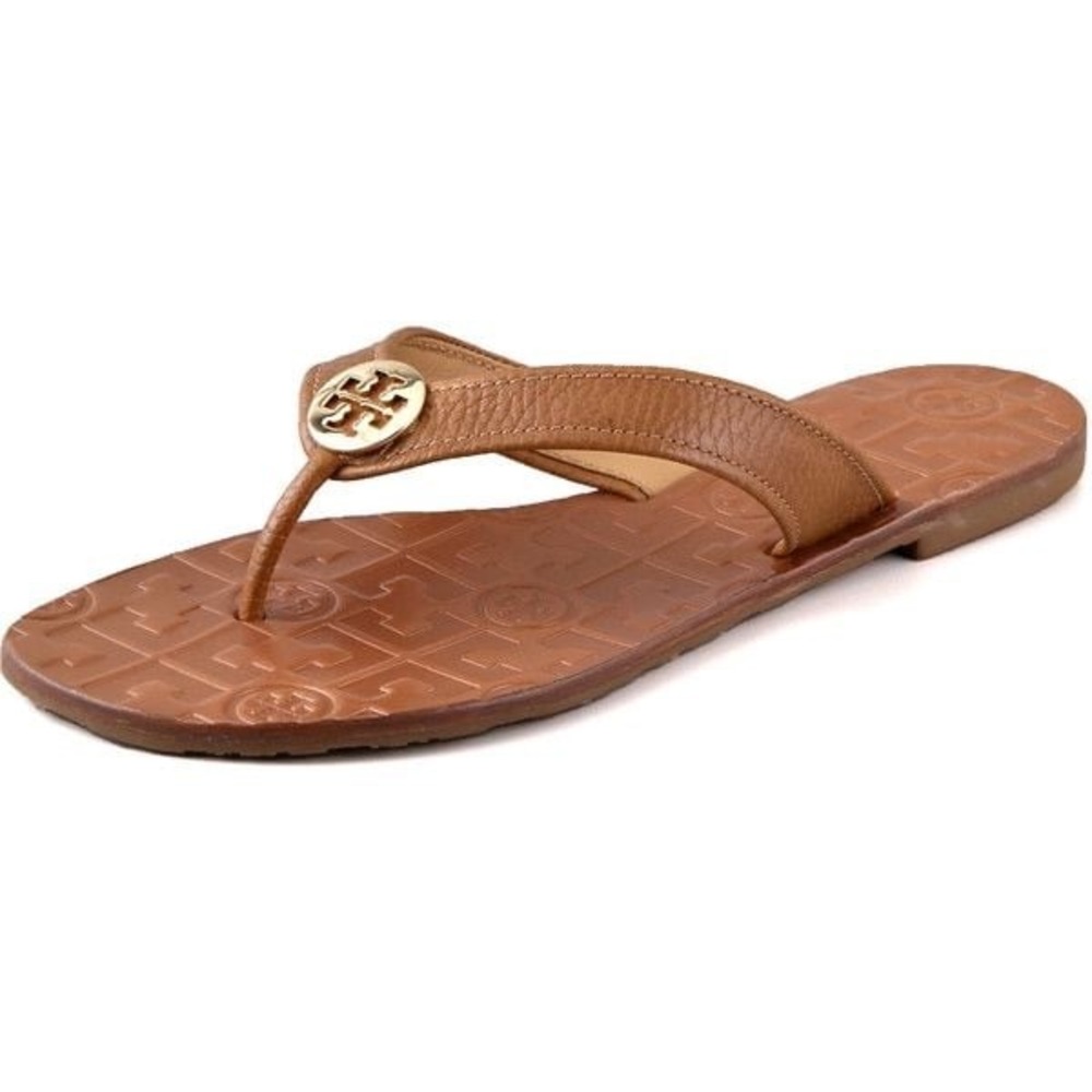 Tory Burch Thora Leather Logo Flip Flop Sandals Brown Gold Medallion Size 9